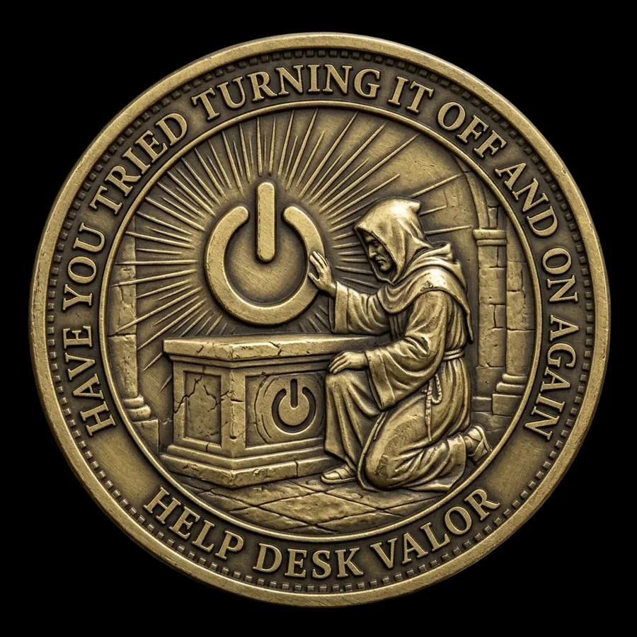Ancient Order of Have You Tried Turning It Off and On Again challenge coin